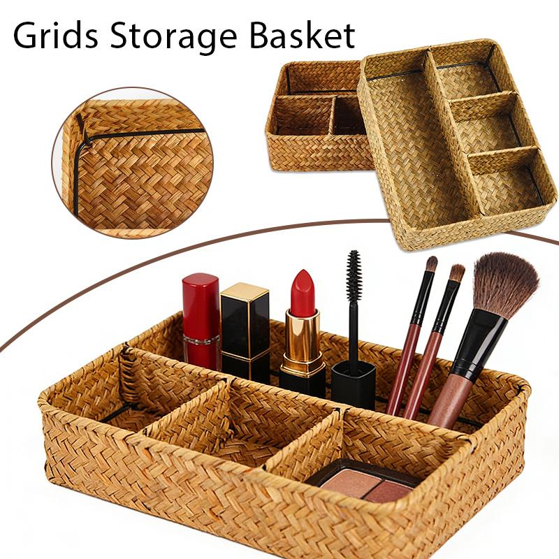 4 Grids Storage Basket Hand-woven Desktop Sundries Storage Basket Clothes Cosmetic Stationery Hairpins Jewelry Accessories