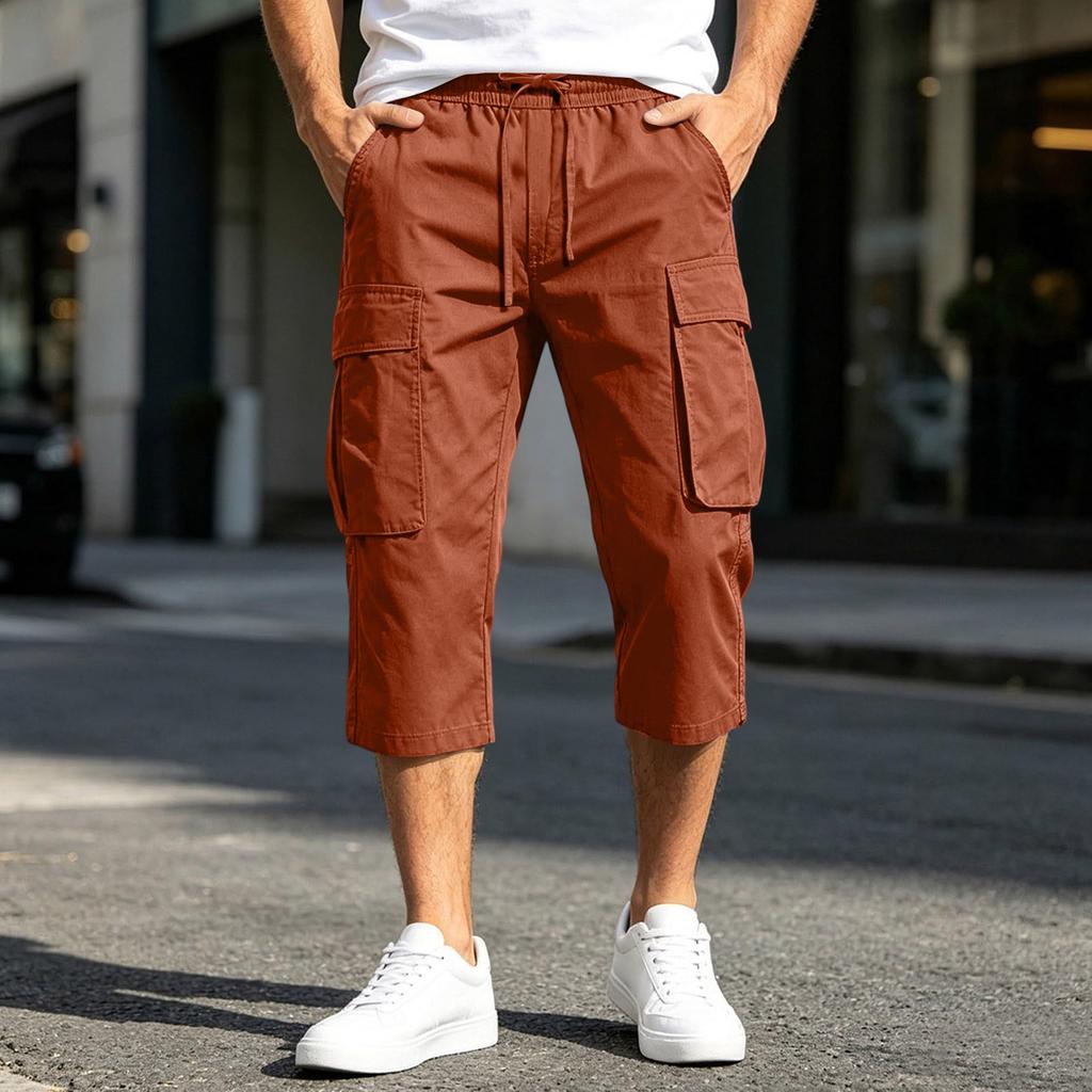 Men's Cargo Work Pants Drawstring Waist Multi Pocket Casual Capri Pants Three Quarter Length Durable Fabric Relaxed Fit