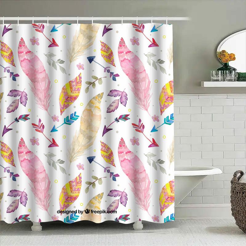 

Шторка для душа с акварельным пером Декор для ванной комнаты Дизайн с розовым наконечником стрелы для ванных комнат в белой цветовой гамме с мотивом зеленых листьев Mad 90x180cm