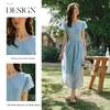Olrain Blue French Style Waist-Slimming Dress for Women Summer Puff Sleeve Long Dress