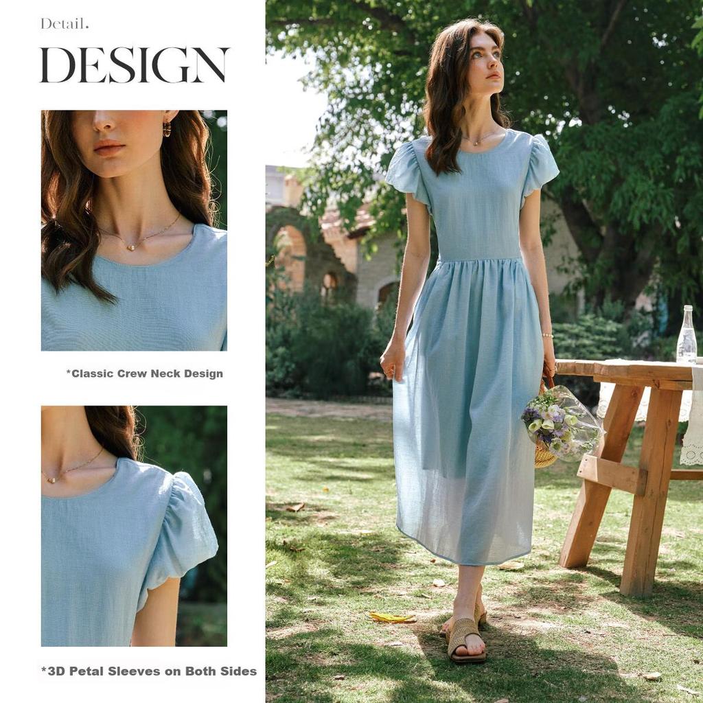 Olrain Blue French Style Waist-Slimming Dress for Women Summer Puff Sleeve Long Dress