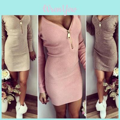 Elegant Women Zip Up V Neck Long Sleeve Knitted Bodycon Party Evening Mini Dress Tops For All Occasions