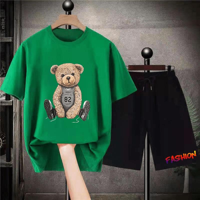 Korean Brand Bear Print T-shirt Men's Cotton Short-sleeved Oversized T-shirt Hip-hop Retro Suit Unisex Free Shipping