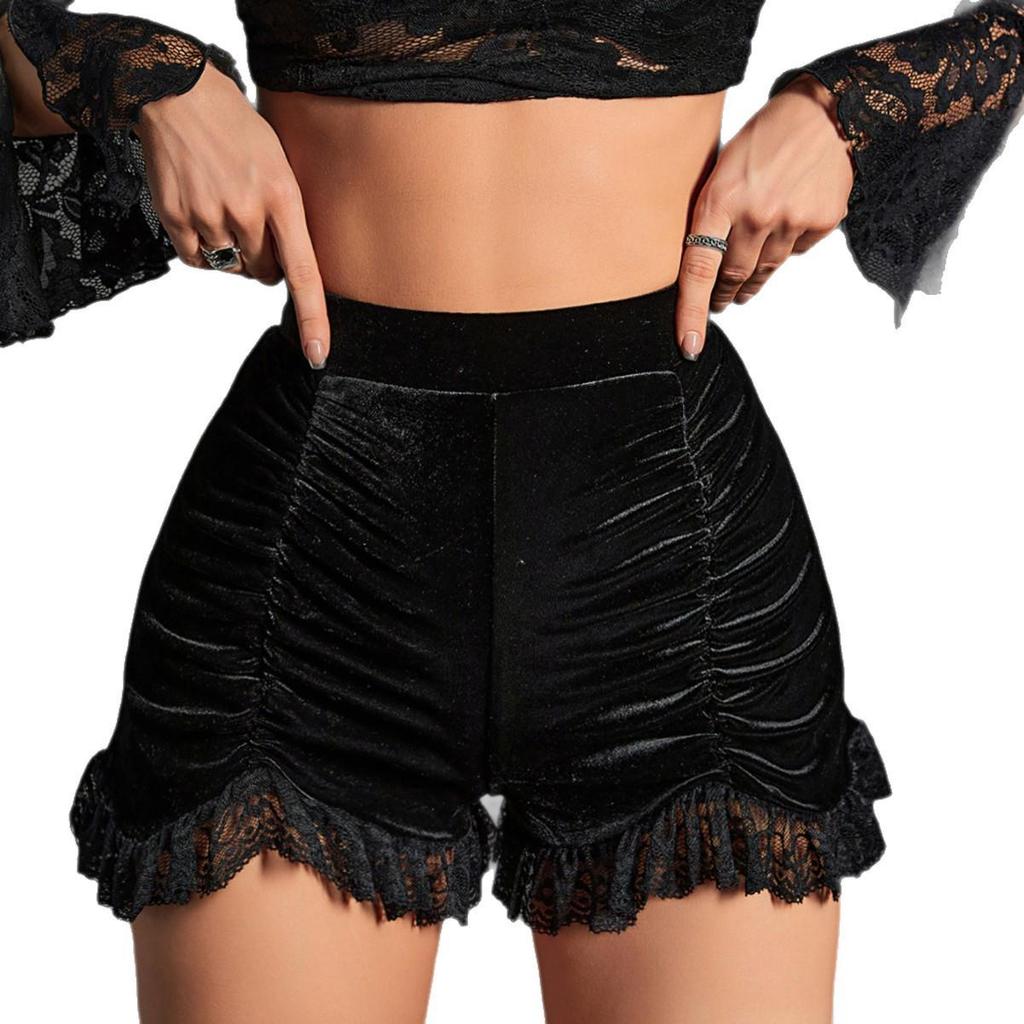 Gothic Velvet High-Waisted Lace Trim Shorts