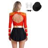 Womens Circus Ringmaster Costume Set Mock Neck Patchwork Bodysuit Complete Hat Bow Collar Gloves