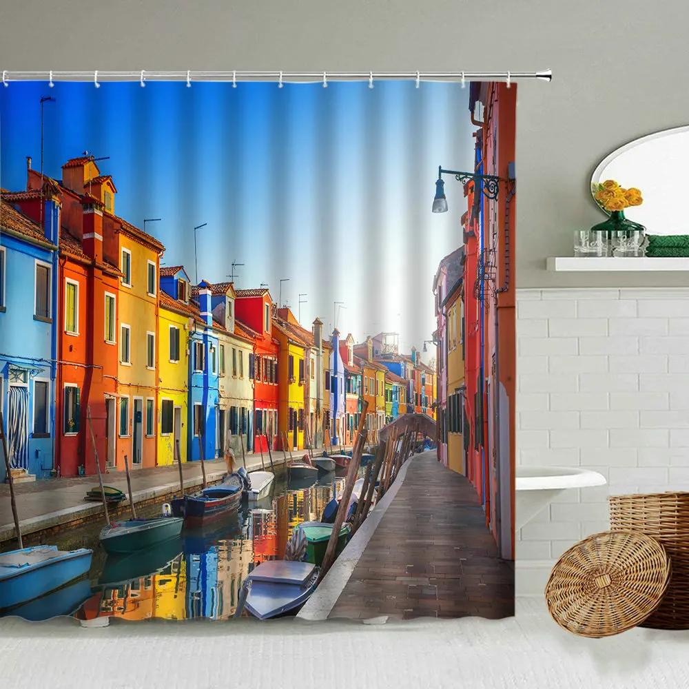 European Seaside Village Scenery Shower Curtain Nature Landscape Bathroom Accessories Decoration Bathtub Screen With Hooks