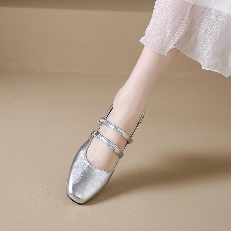 Coarse heel silver Mary Jane shoes light mouth spring 2025 new one-word strap with skirt temperament single shoes women's shoes