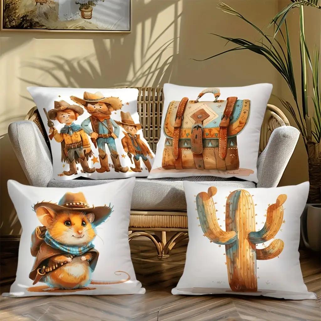 Cartoon Cowboy Pillow Covers, Western Cowboy Mouse Cactus Decorative Throw Pillow Cases, Kids' Rustic Home Decor Cushion Covers