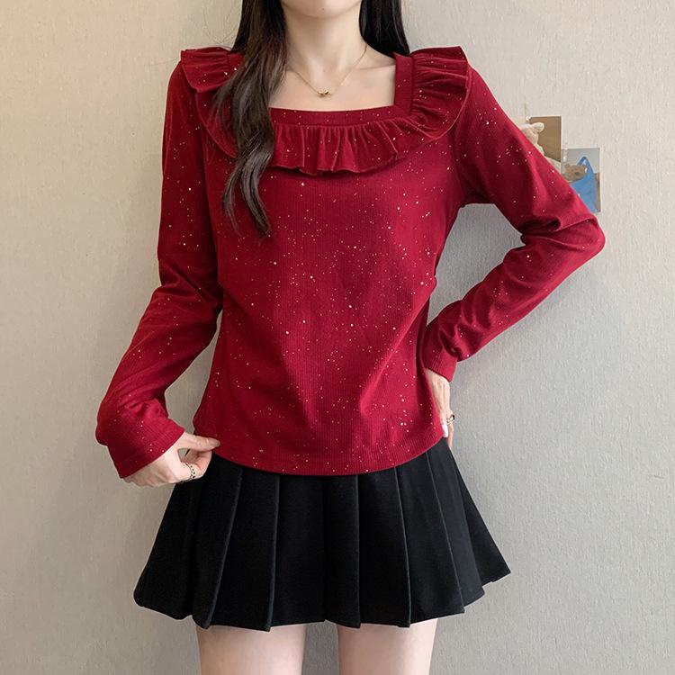 Plus Size Women s Square Neck Ruffle Long Sleeve Slimming Top 2XL