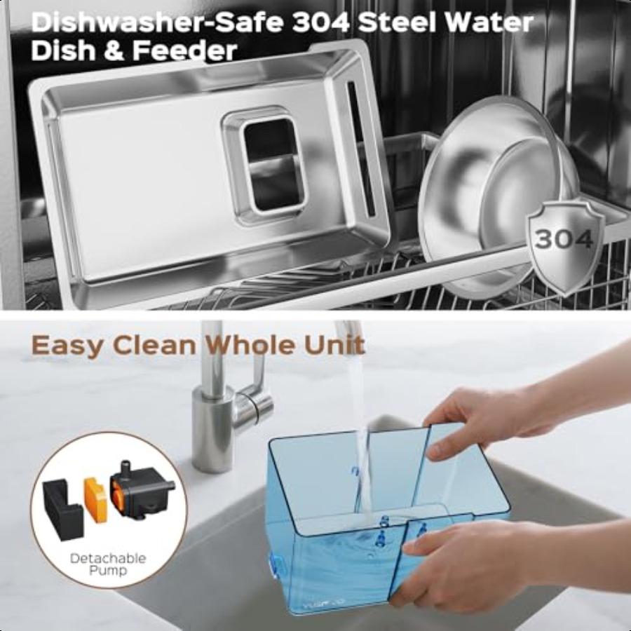 Automatic Cat Water Fountain with Food Bowl 2.2L 74oz 2in1 Pet Water Dispenser 304 Stainl Steel Bowl UltraQuiet LED Indicator B