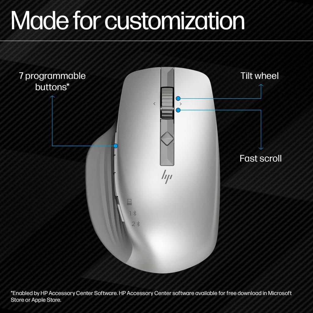 HP 930 Silver Bluetooth Mouse, Rechargeable, USB-C Charging, 3-Device Connection, 4-Way Scroll Wheel, 7 Programmable Buttons, Compatible with Mac,