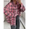 Pink Plaid Shirts And Tops Women Street Wear Gingham Casual Long Sleeve Top Single-Breasted Oversize Shirt Ladies