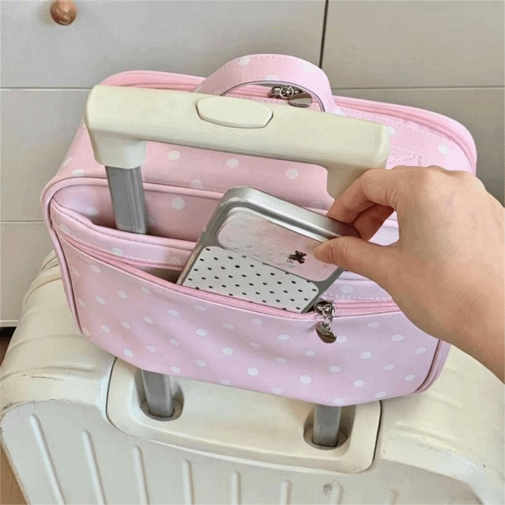 Polka Dot Portable Toiletry Pouch PU Leather Cosmetics Handbag Hanging Suitcase Organizer Women