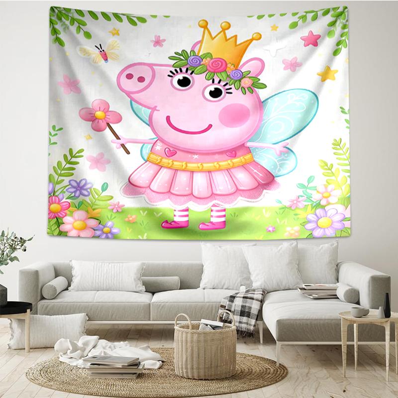 Peppa-Pig Print Tapestry, Backdrop, Easy Setup, Ideal for Bedroom, Office & Living Room, with Aesthetic Wall Hanging Decor.