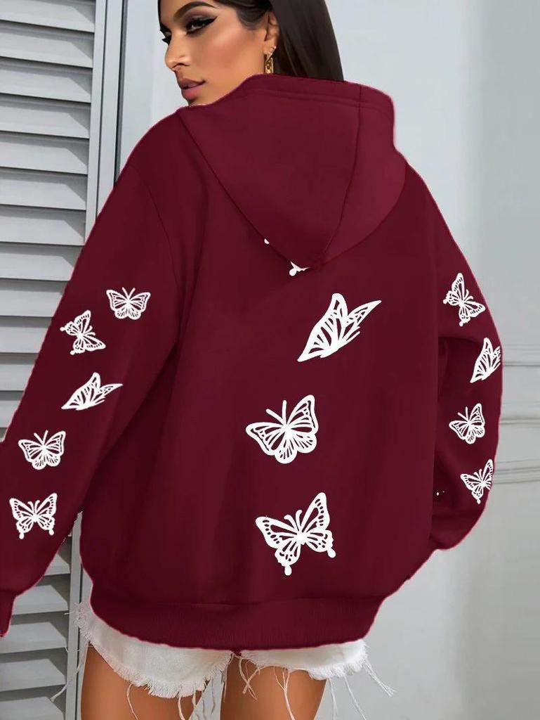 Creative Simple Butterfly Print Women's Hoodie with Pockets - Autumn/Winter Style Sweatshirt Top