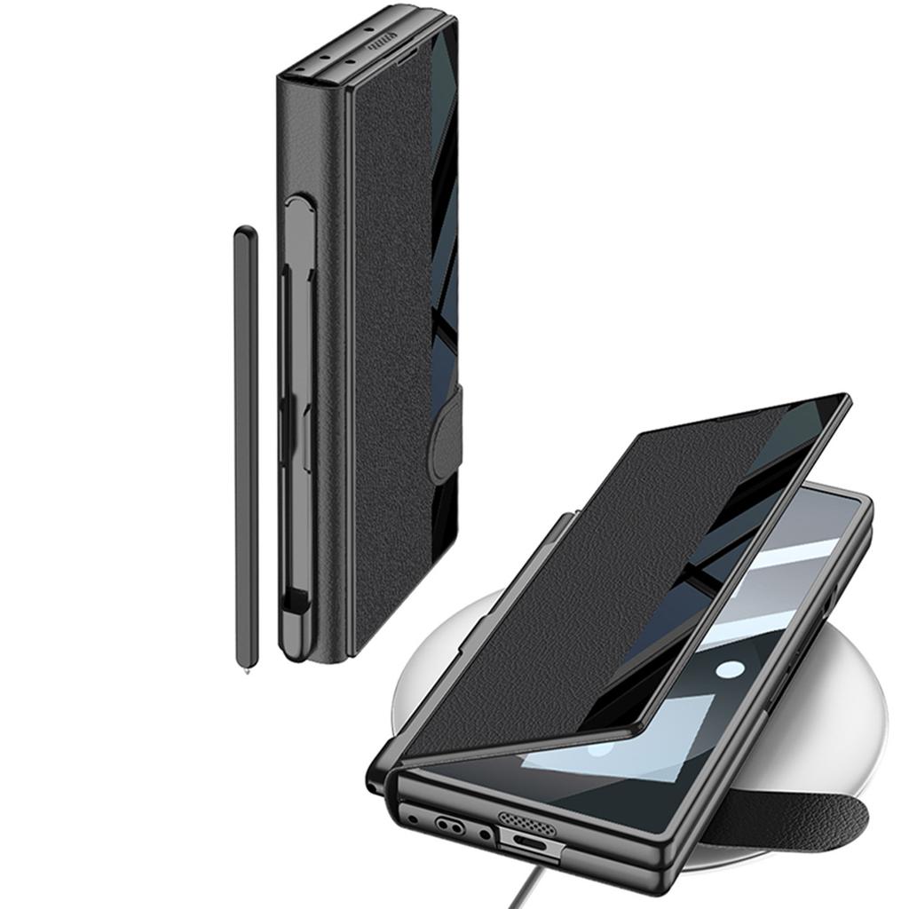 Samsung Z Fold6 Mobile Phone Chitin Leather Bracket Folding Screen Anti Fall Flip Cover Leather Case Film Integrated Pen Slot