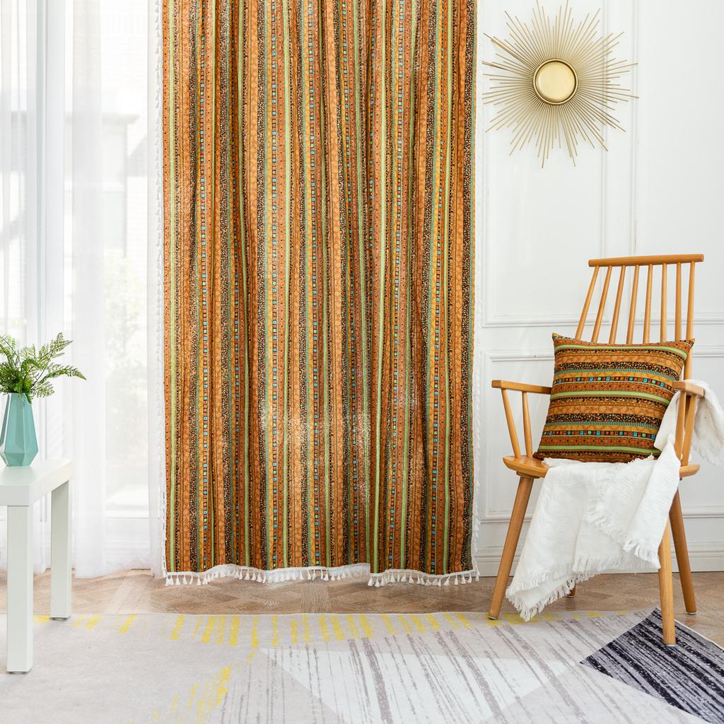Tassel Striped Curtains Semi-Blackout Cotton And Linen Printed Fabrics Finished Bedroom Living Room Kitchen Partition Bed And Breakfast