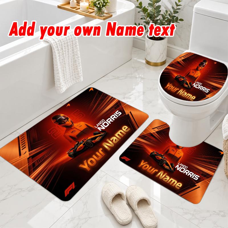 Personalized Lando Norris 3Pcs Flannel Toilet Mat Set Custom Text Bathroom Rug Non Slip