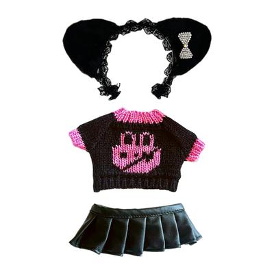 Niannyyhouse 20cm Plush Toy with Clothes, Headwear, Kitten Sweater, Leather Skirt, Cotton Doll Clothes (Black + Pink)