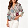 Women Vintage Floral Print Patchwork Henley Button Neck Three Quarter Sleeve Cotton Linen Shirt Casual Loose Fit Blouse