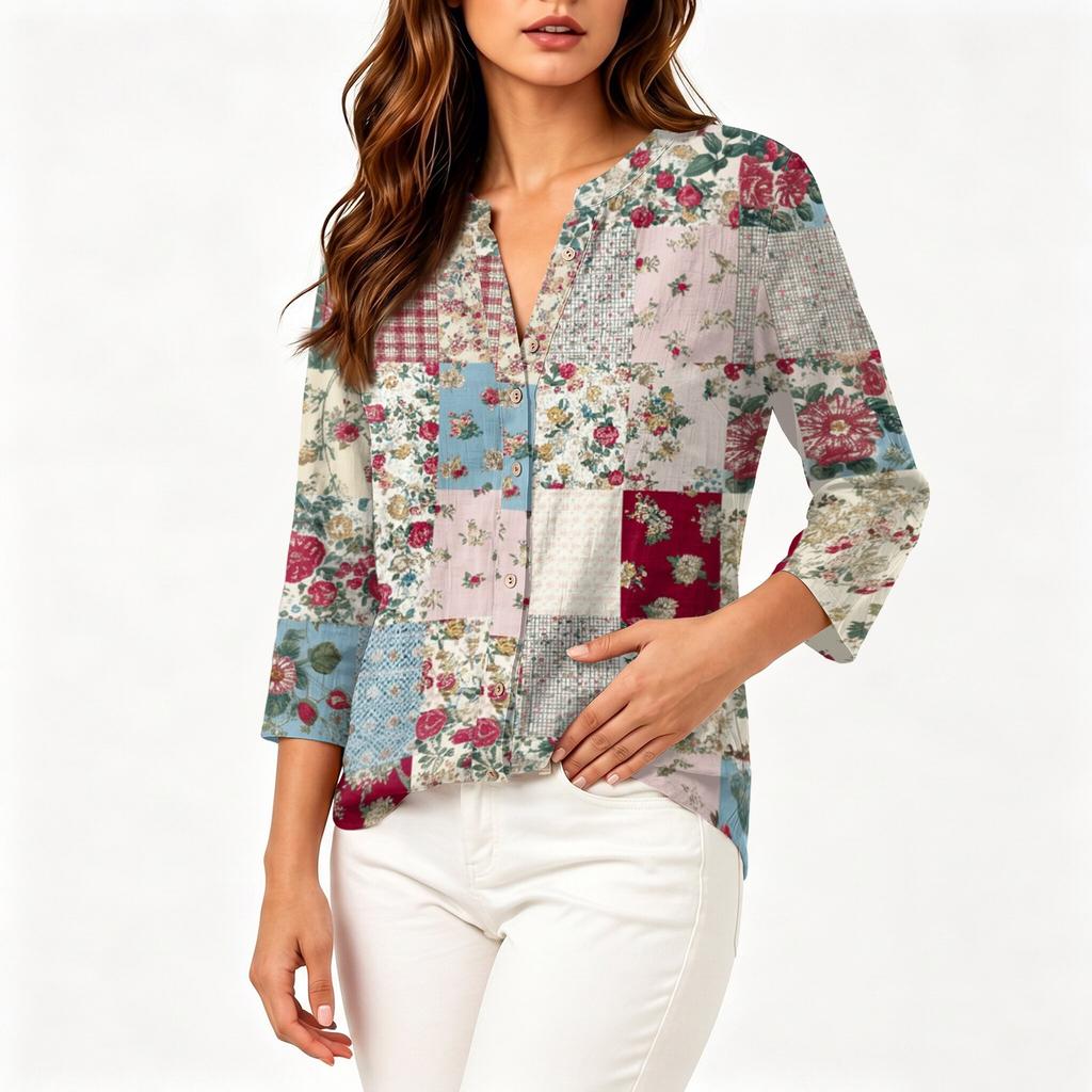 Women Vintage Floral Print Patchwork Henley Button Neck Three Quarter Sleeve Cotton Linen Shirt Casual Loose Fit Blouse