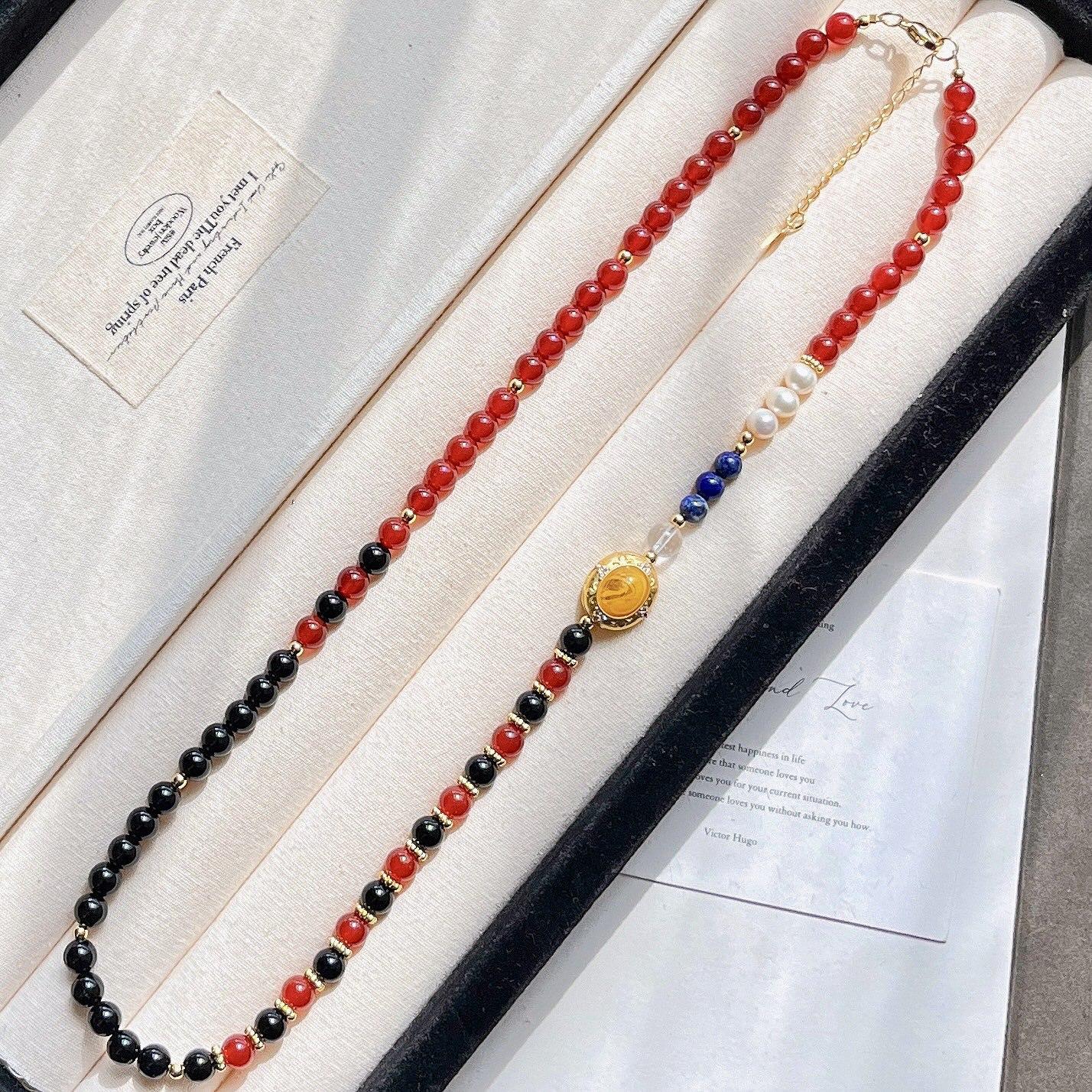 6Mm Autumn And Winter Natural Chalcedony Black Agate Freshwater Pearl Lapis Lazuli Sweater Chain Necklace Collarbone Chain