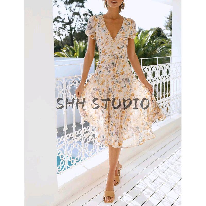 Autumn New Product Women clothes French style Holiday Style Leisure V-neck Short sleeve Series with Decoration Mid-Length Print Dress