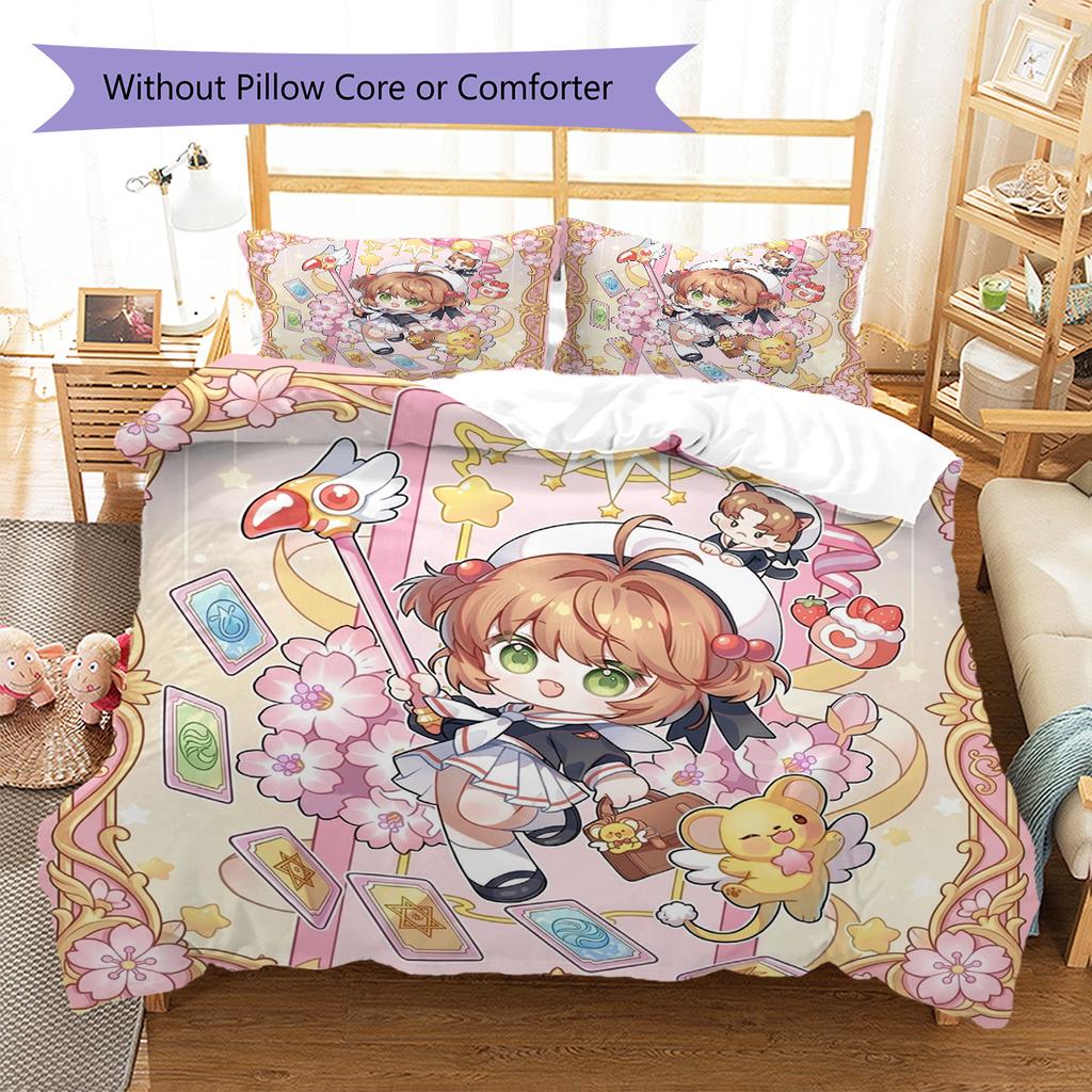 Cardcaptor Sakura Muster Bettwäsche Bettdecke Set Bettbezug Kissenbezug Heimdekoration Geburtstagsgeschenk (1 Bettbezug + 2 Kissenbezüge, ohne Füllung)