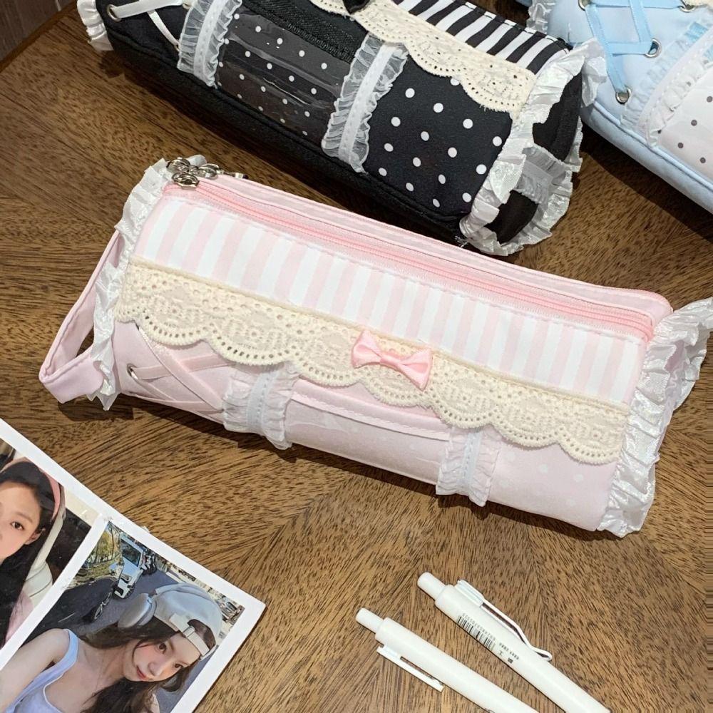 Printed Lace Pencil Case Large Capacity Zipper Stationery Pouch Pen Organizer Children