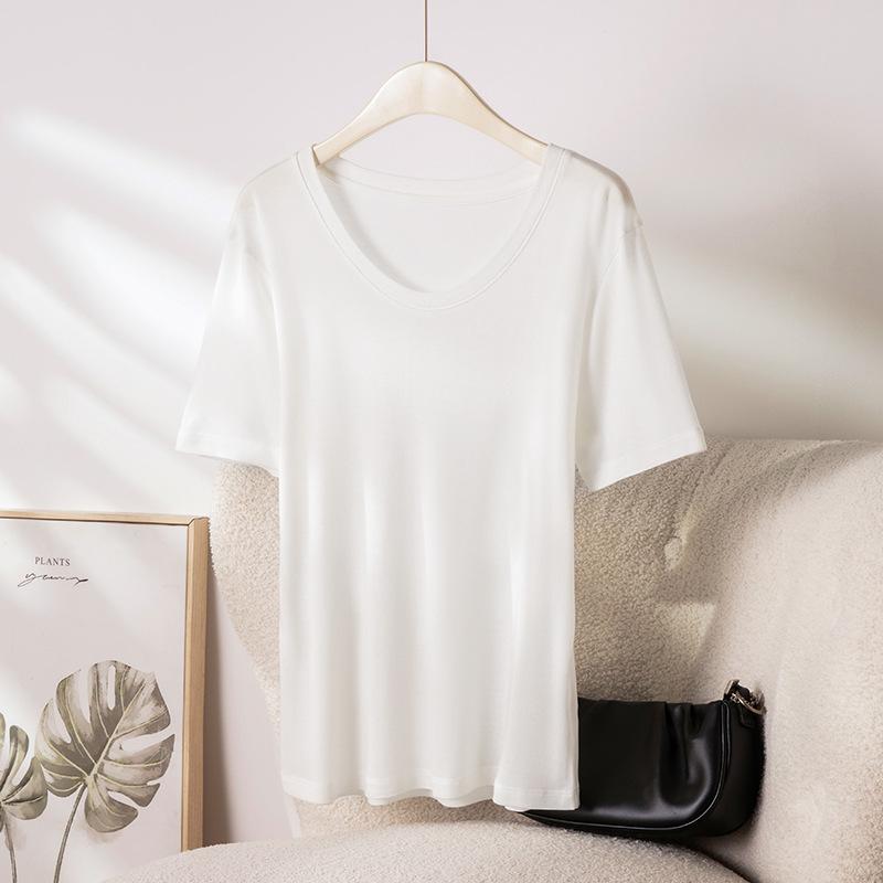 2026 Hangzhou Women's Mulberry Silk Lyocell U-Neck Tee - Lightweight, Breathable, Short-Sleeved Summer Fashion