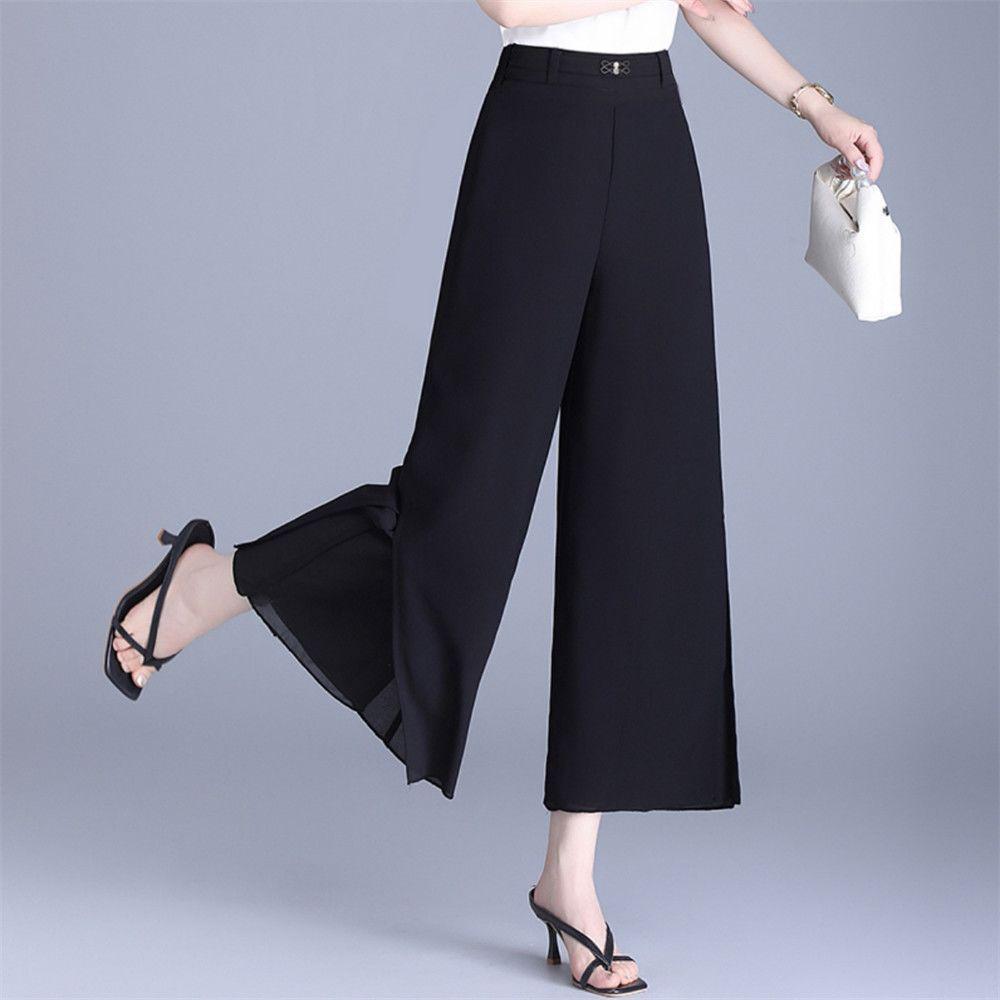 High-Waisted Chiffon Wide-Leg Cropped Pants with Slit M 90-104 lbs