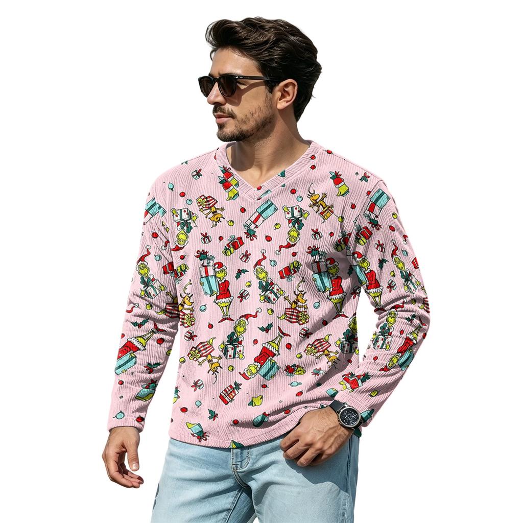 Men's Casual Street Loose Fit V-Neck Christmas Print Shirt