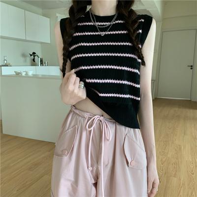Fashionable Striped Knitted Vest Women's Summer New Wear A Sweet and Spicy Outside The Sleeveless Short Jacket