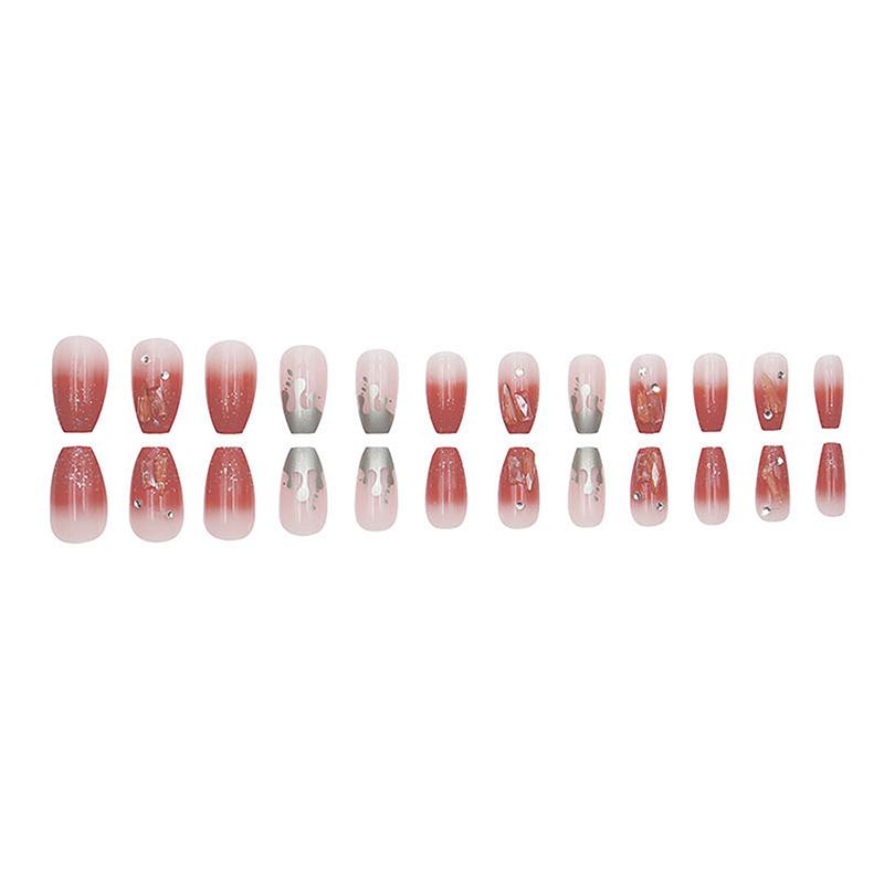 24Pcs Fashion Sweet Gradient Pink Glitter Rhinestone Press On Square Head Fake Nails With Glue Artificial Removable False Nails