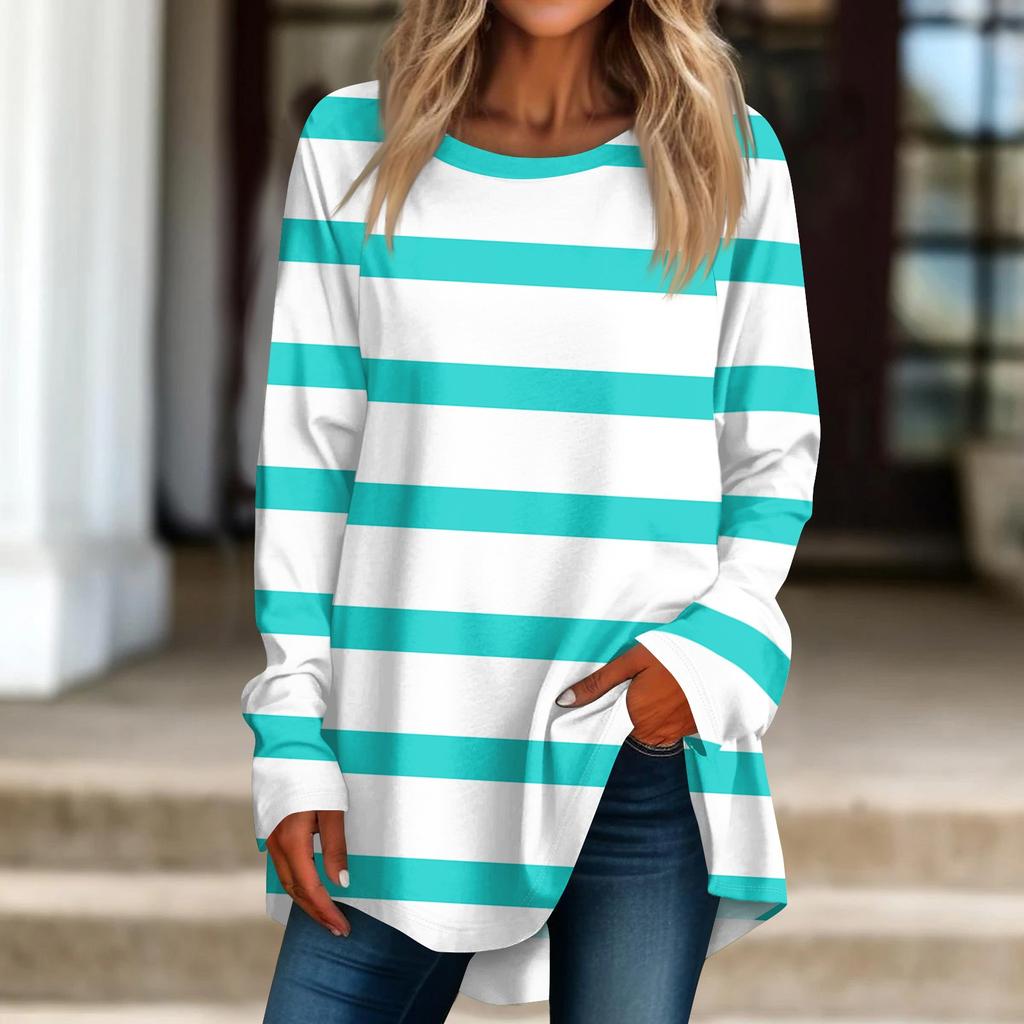 Women's Casual  Plus Size Long Sleeved Round  Printed T-shirt Top Pullover