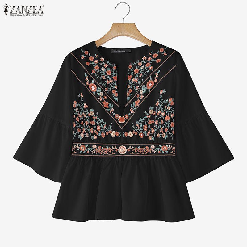 

ZANZEA Женская блузка с круглым вырезом, цветочным принтом, свободным рукавом 3/4 и оборками 5XL чёрный
