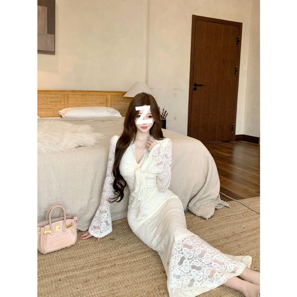 Light and Mature Temperament Royal Sister V-neck Streamer Lace Dress Women's Spring and Autumn New Waist and Thin Hip-wrapped Fishtail Skirt