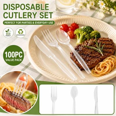 100-delig Wegwerp Plastic Bestekset Bevat Vorken, Messen en Lepels Biologisch Afbreekbaar Bestek voor Steak, Taart en Westerse Feestartikelen