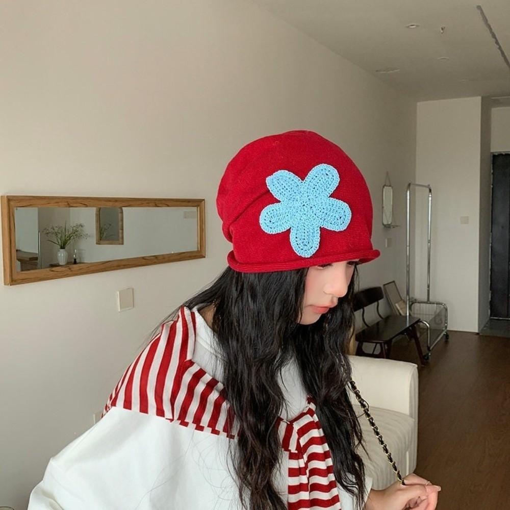 Flower Patch Knitted Hat Korean Style Ear Warmer Fashion Pullover Cap Autumn Winter