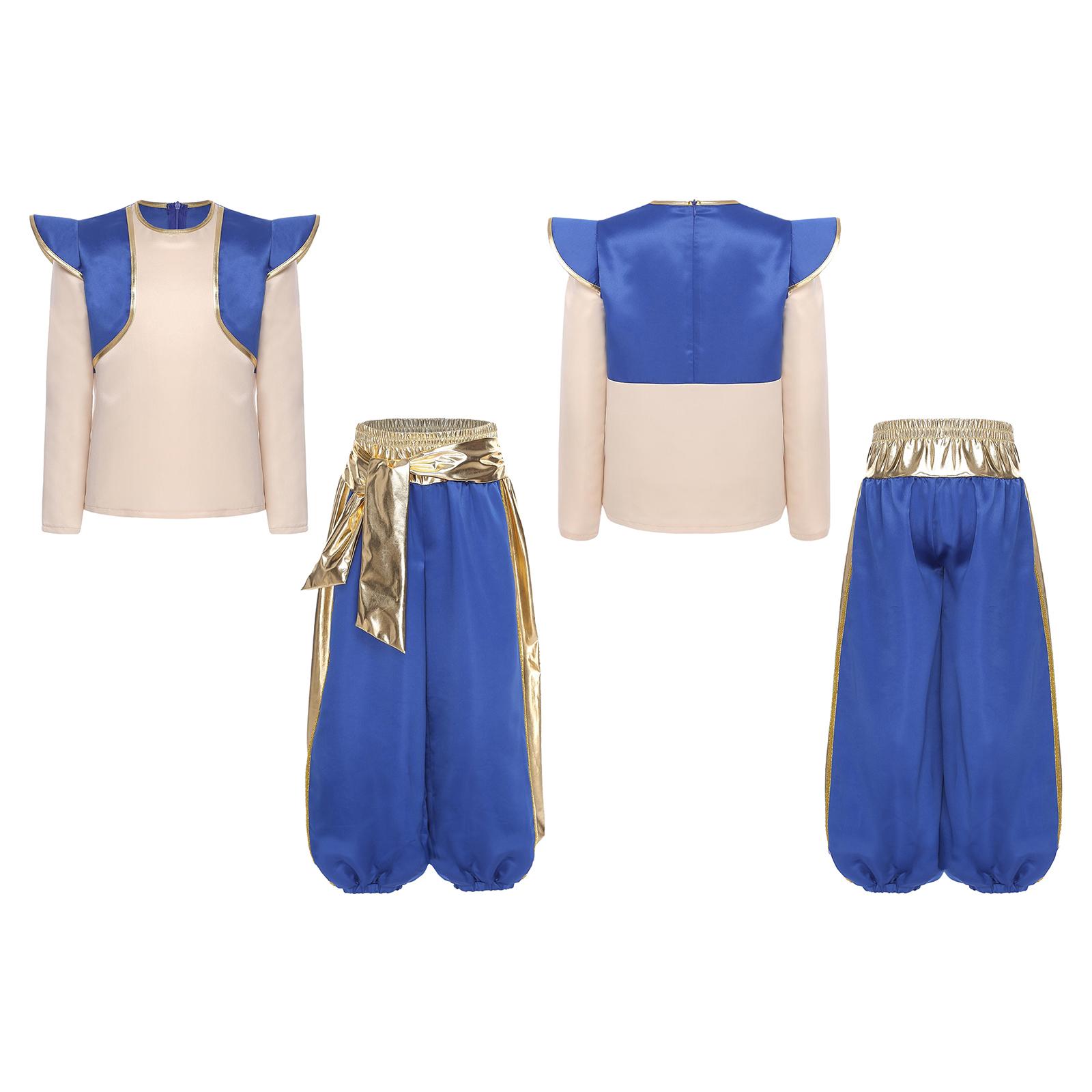 

Костюм арабского принца для мальчика - Металлические блестящие шаровары и фальшивый топ из двух частей для косплея на Хэллоуин 15-16 Years королевский синий