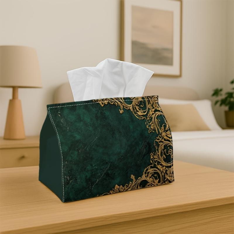 1pc Retro Design Tissue Holder- Dark Green with Golden Trim Polyester Napkin Organizer for Home, Kitchen, And Vehicle Decoration| Versatile Tissue Dis