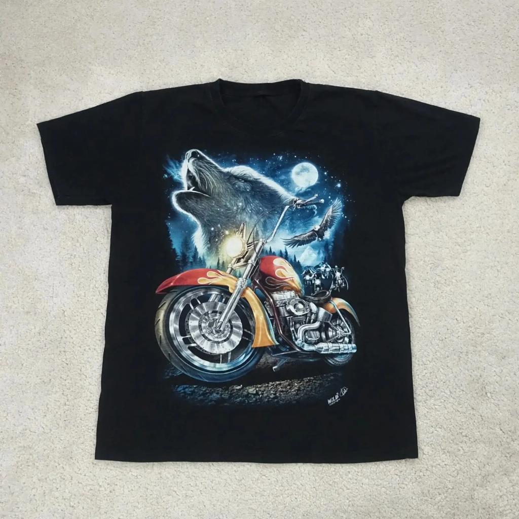 Wild T Shirt Unisexs Large Black Wolf Eagle Motorcycle Flame Biker Y2k Tops Vintage Designer Clothes Top For Everyday Wear