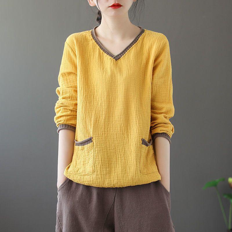 Maglietta da donna in cotone a fiori con scollo a V a maniche lunghe per primavera e autunno Topirt da donna ampio taglia grande