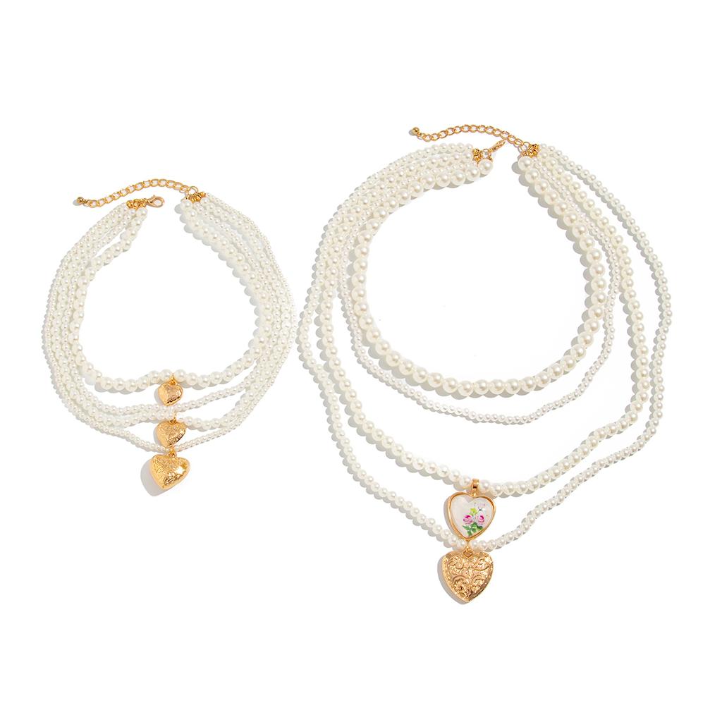 Ingemark 2Pcs/set Boho Exaggeration Multi Layer Imitation Pearl Heart Shape Pendant Necklace Women Charm Long Bead Chain Jewelry