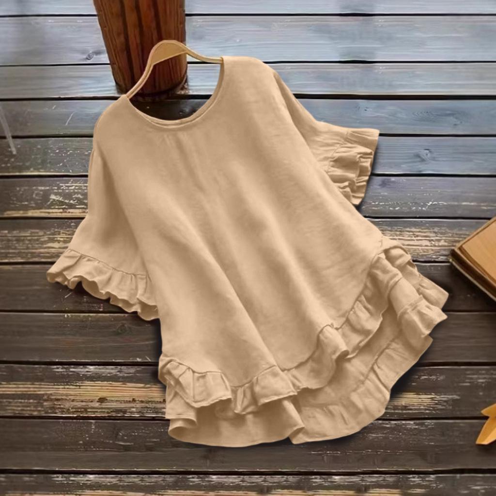 Women's Fashionable Plus Size Color Round Neck Ruffle Short Sleeved  Round Neck Loose Pullover Top