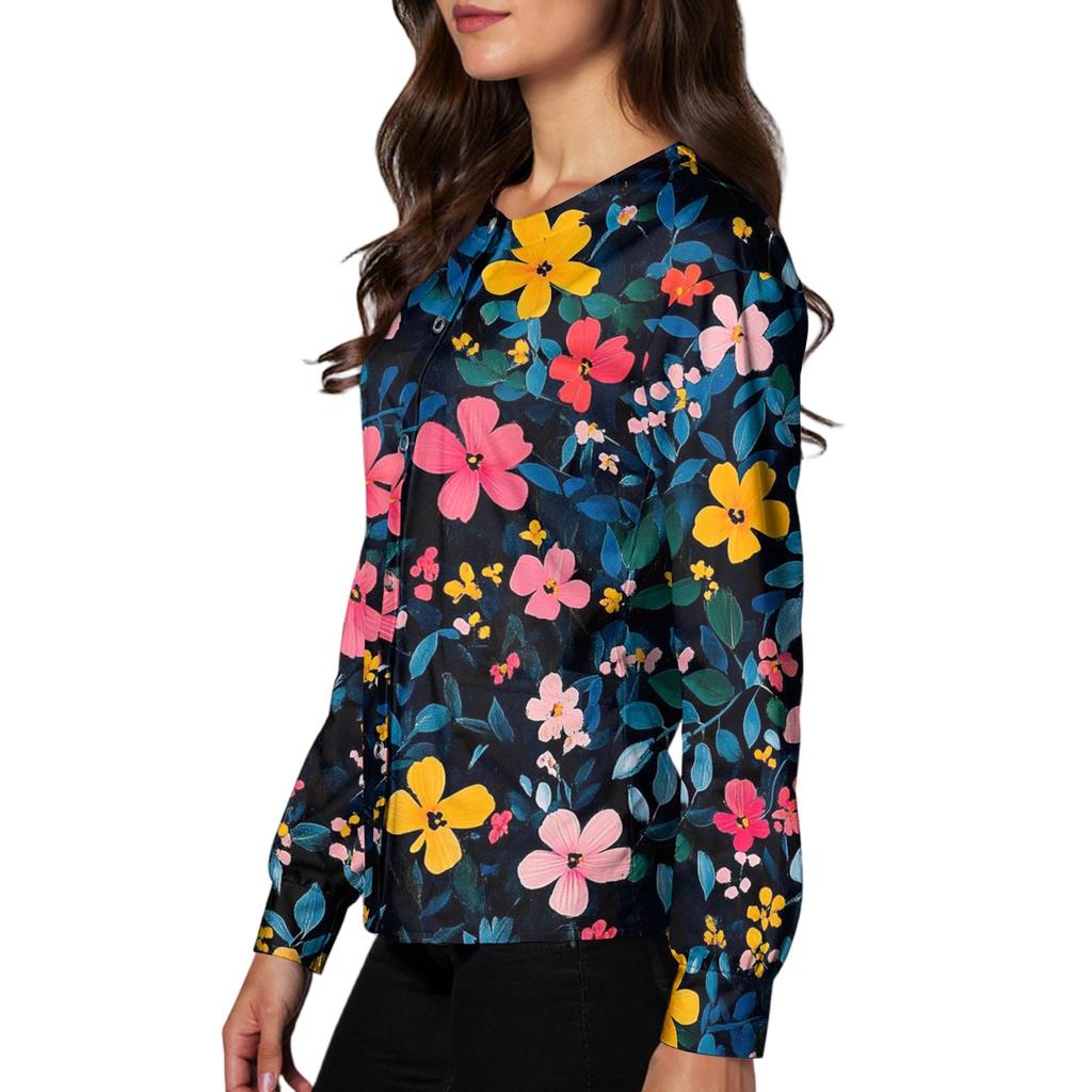 Women's Long Sleeve Button Front Floral Print Medical Scrub Top Lightweight Comfortable Fit Nursing Uniform Shirt