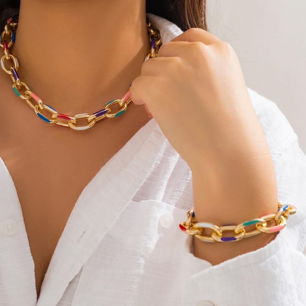 Conjunto de 2 Peças Colorido Boêmio Fashion Gargantilha Pulseira Conjunto de Joias Corrente Cruzada Clássica Acessórios para Mulheres Presente Festa
