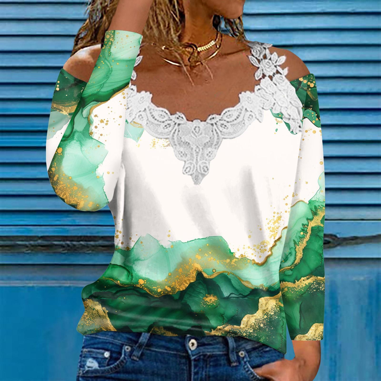 

Модный кружевной пуловер с V-образным вырезом, длинный рукав, градиентный принт, однотонная повседневная футболка S