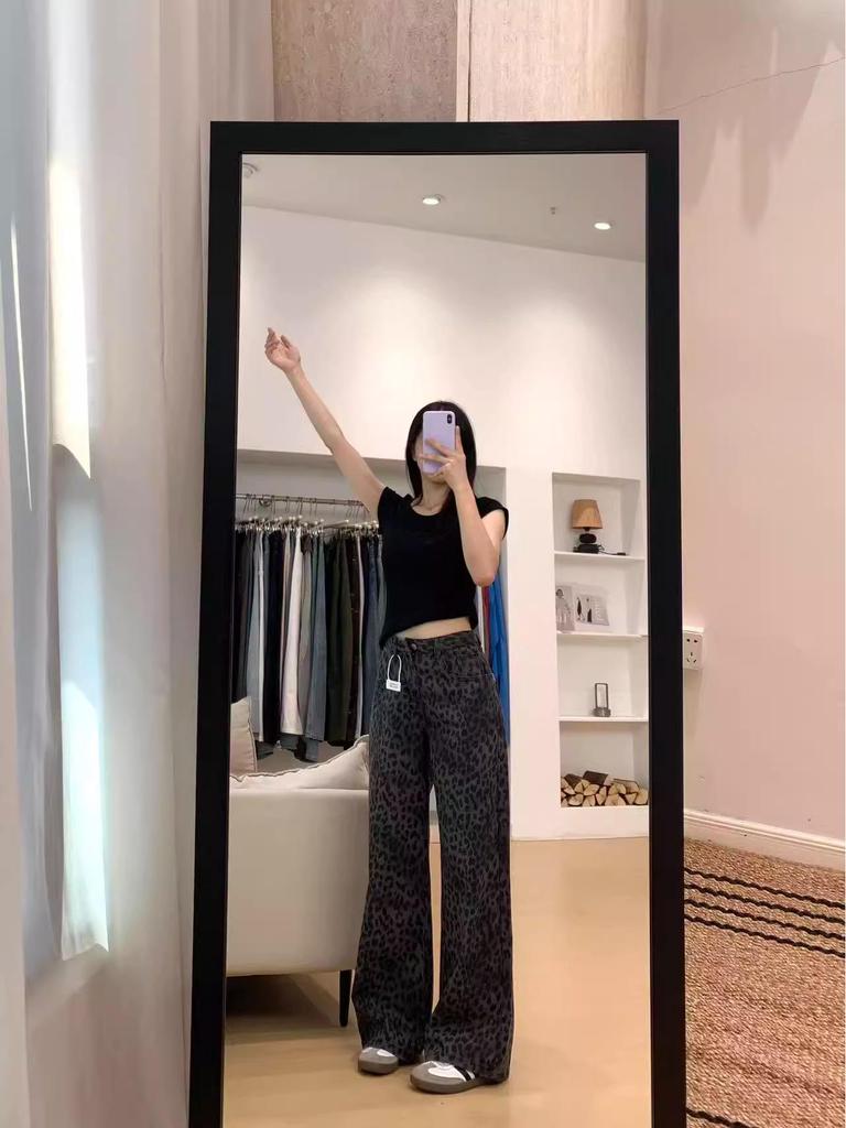Autumn Plus Size Leopard Wide Leg Jeans for Pear-Shaped Women