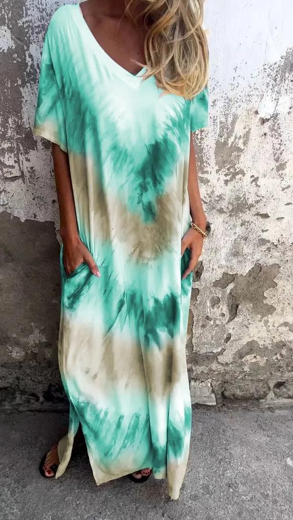 Summer New European And American Style Women'S Clothing Casual Loose Short-Sleeved V-Neck Split Fork Gradual Change Tie-Dye Long Dress